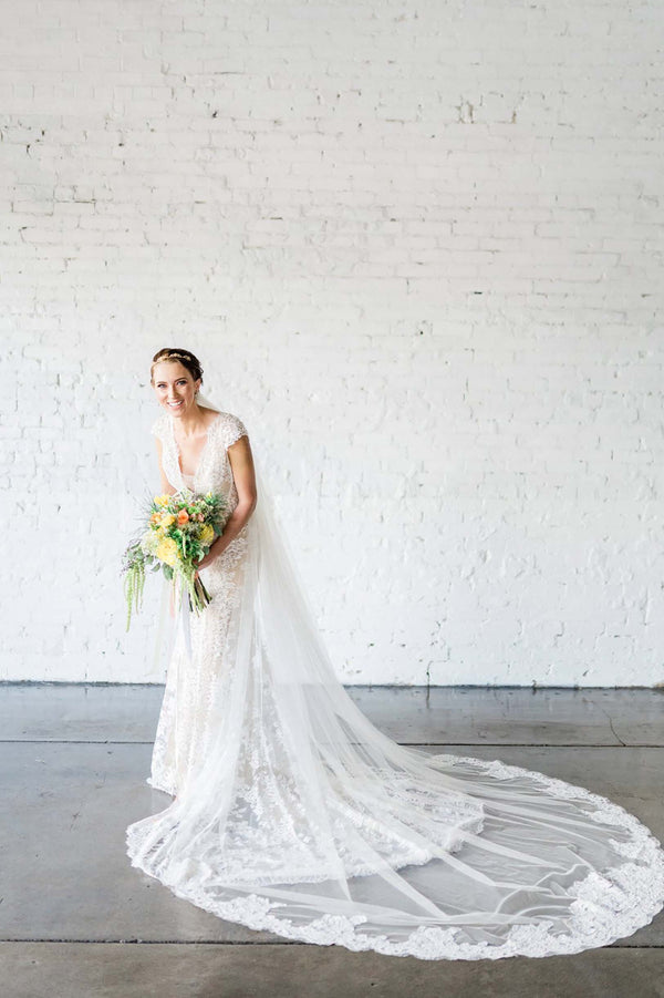 Calais Alencon French Lace Veil in Ivory cathedral floral motif