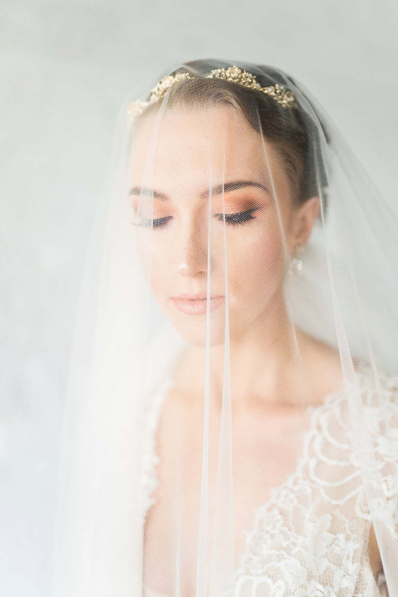 Calais Alencon French Lace Long Veil in Ivory with blusher