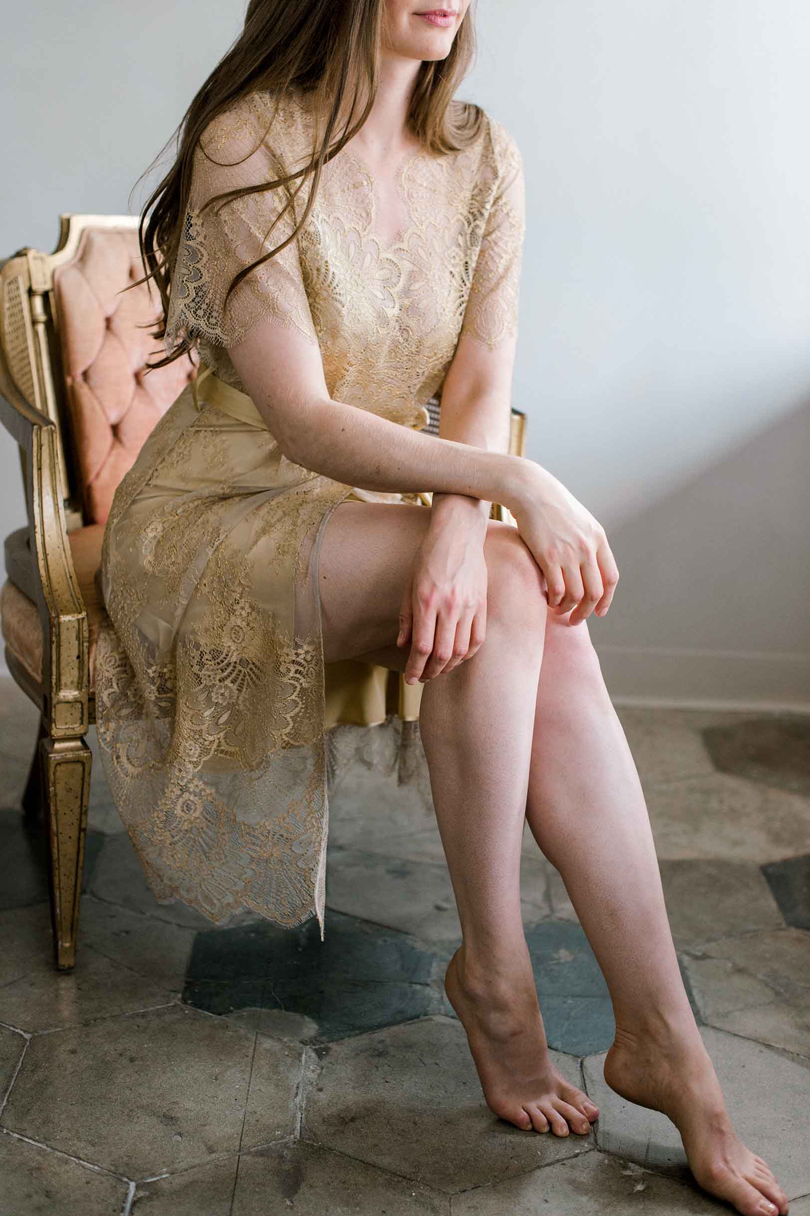 Harlow Midi lace robe with flutter sleeves in Gold