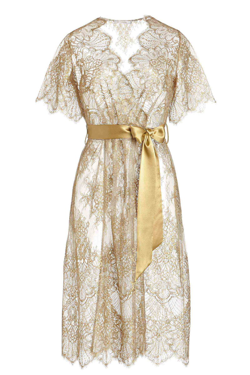 Harlow Midi lace robe with flutter sleeves in Gold