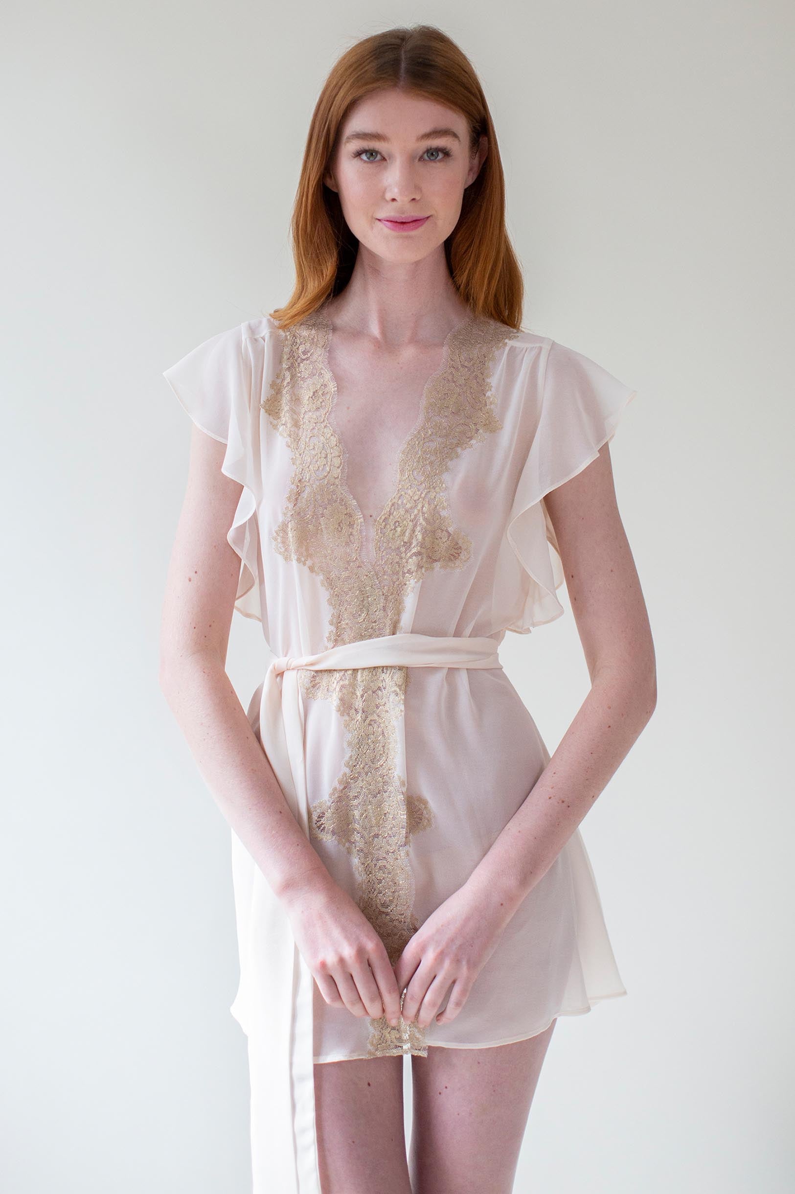 Honey Flutter sleeves French lace robe rose gold