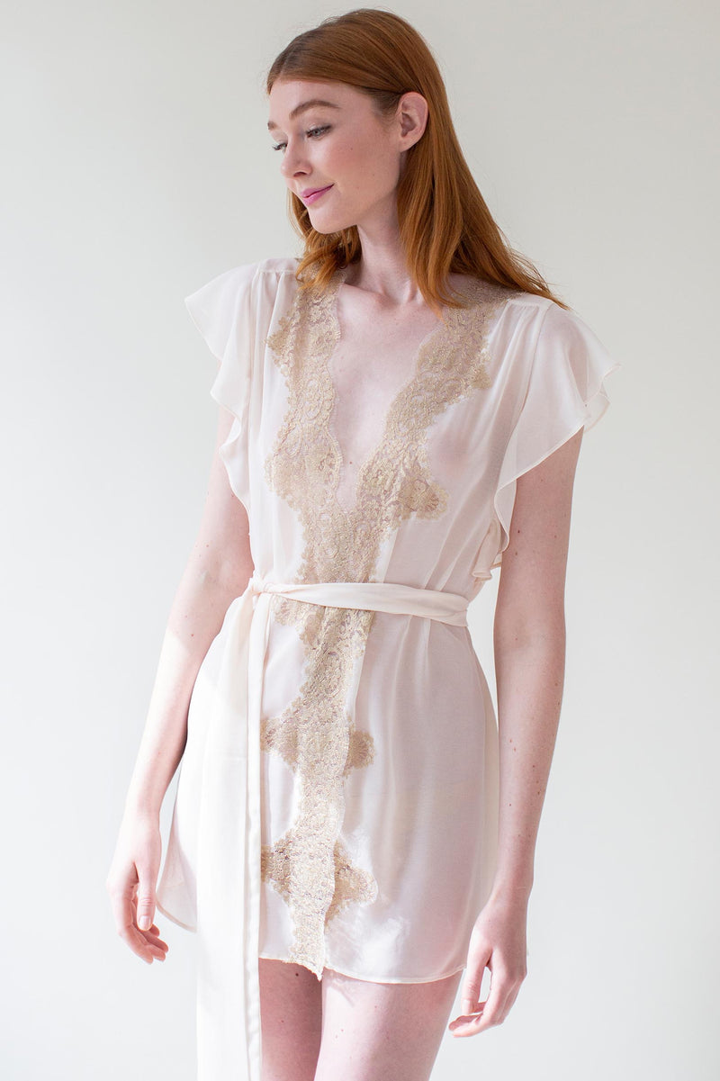 Honey Flutter sleeves French lace robe rose gold