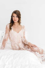 Jenny Boho long French lace robe in Ivory