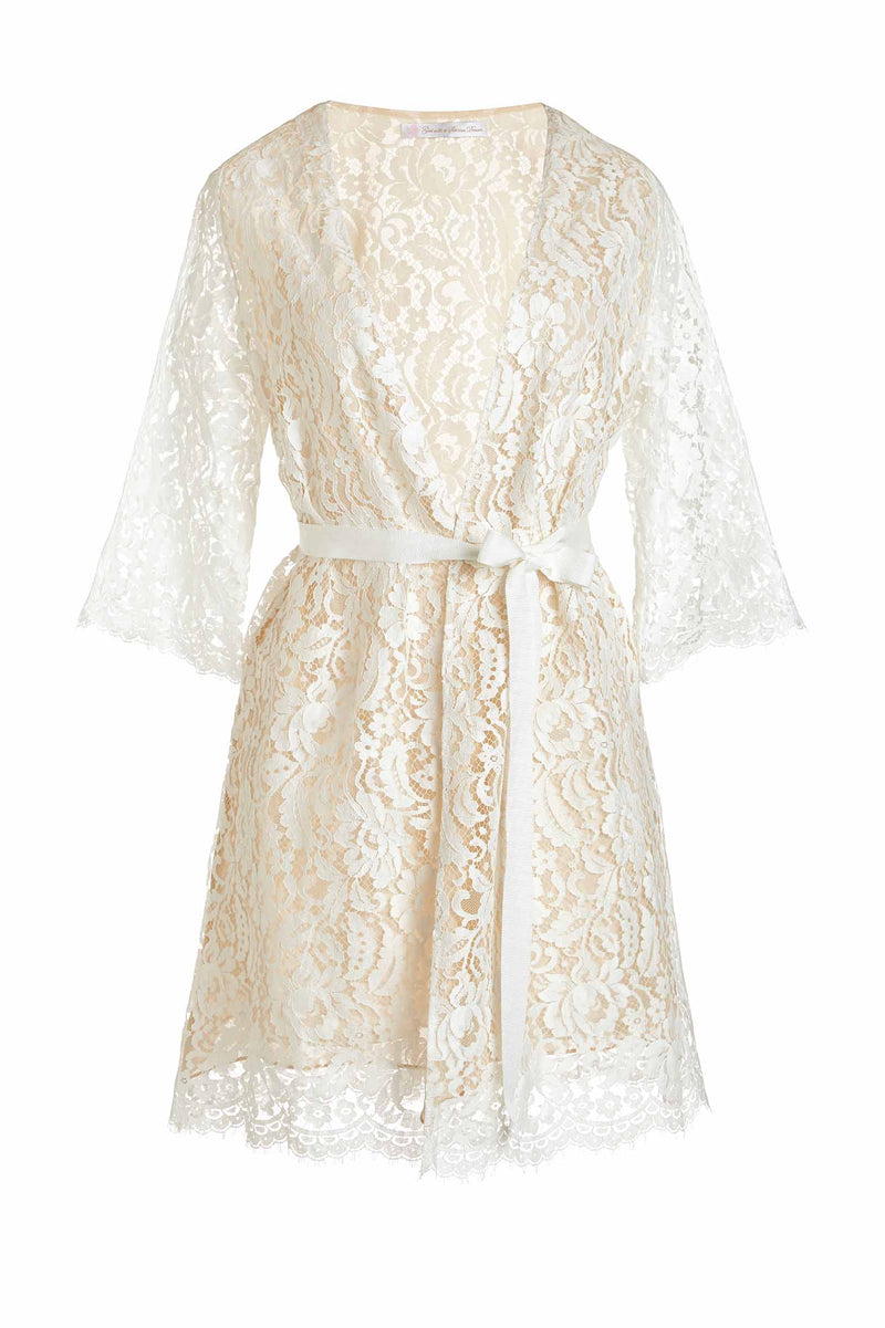 Kate French Lace & silk lined wedding robe wrap in Ivory nude