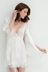 LACY SILK CHIFFON AND LACE KIMONO ROBE IN IVORY