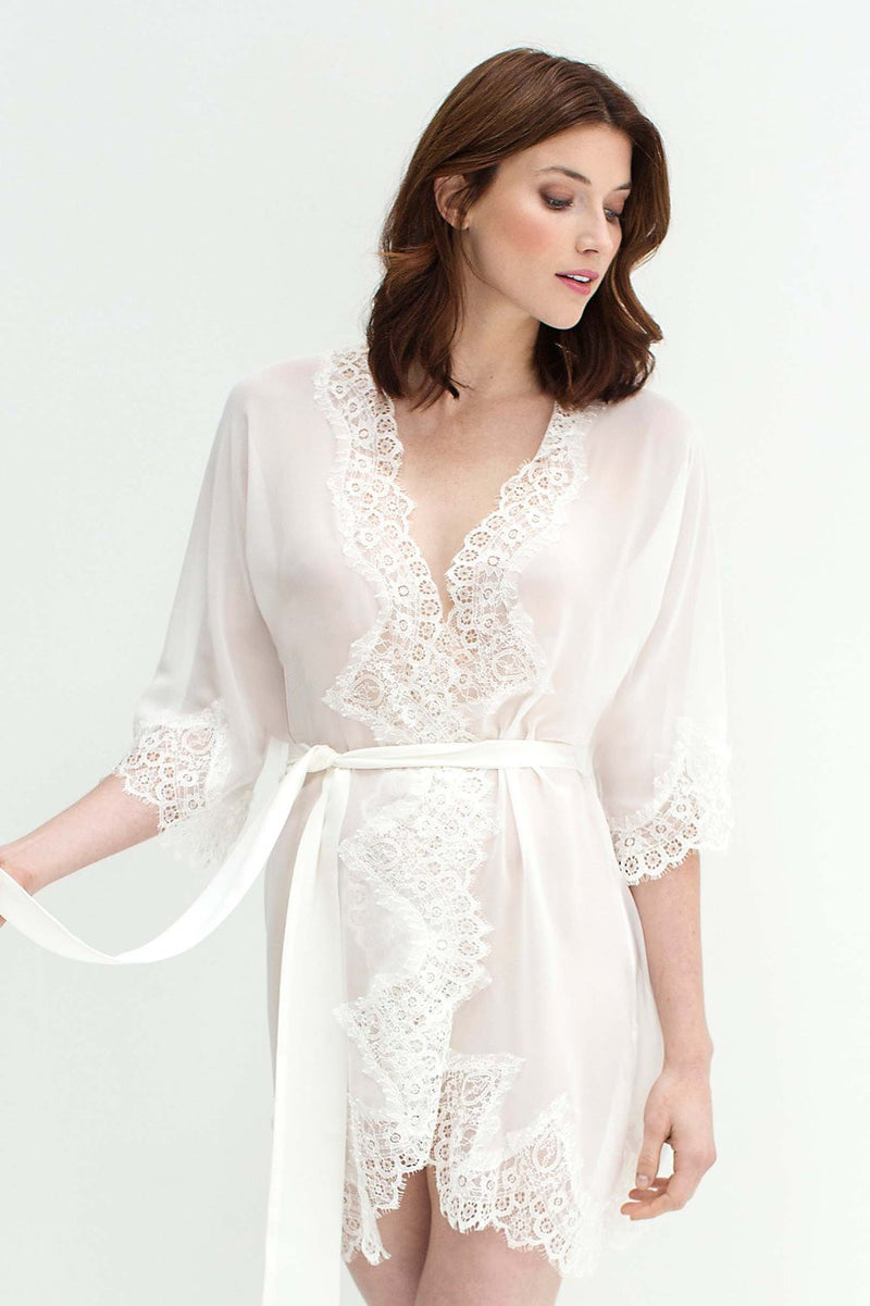 LACY SILK CHIFFON AND LACE KIMONO ROBE IN IVORY