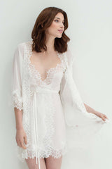 LACY SILK CHIFFON AND LACE KIMONO ROBE IN IVORY
