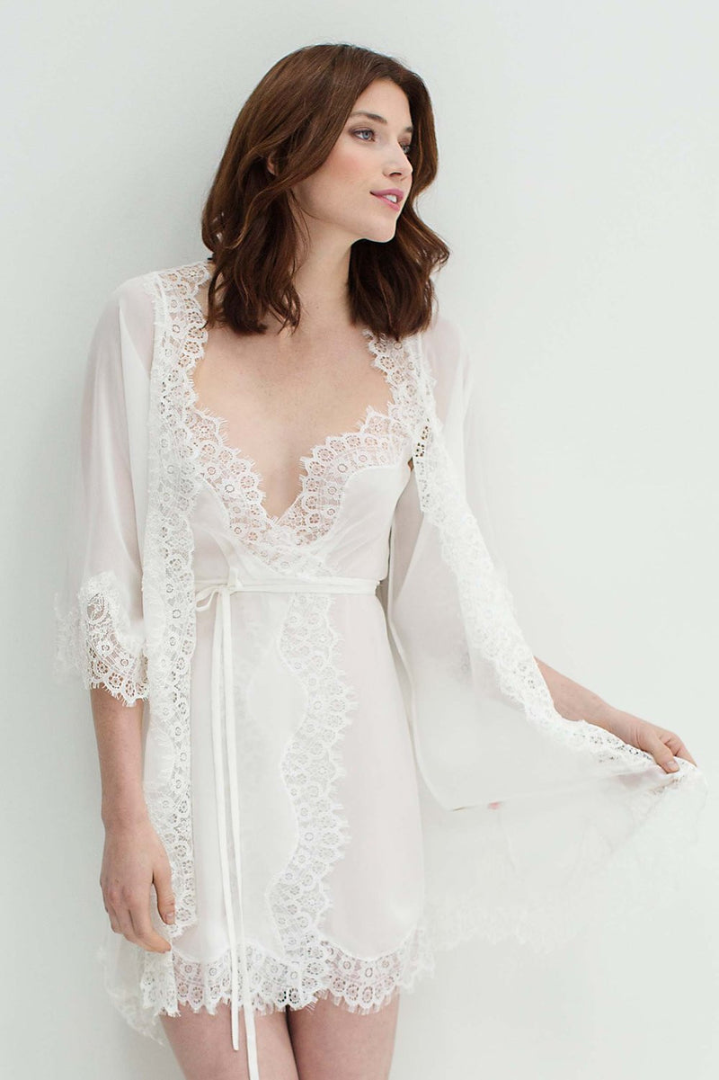 LACY SILK CHIFFON AND LACE KIMONO ROBE IN IVORY