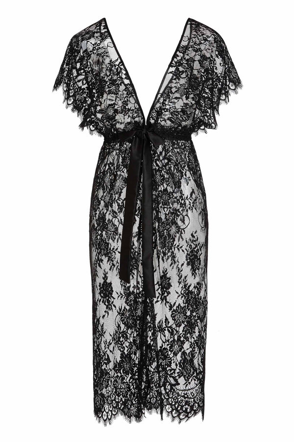 Margot Midi lace kimono robe in Black