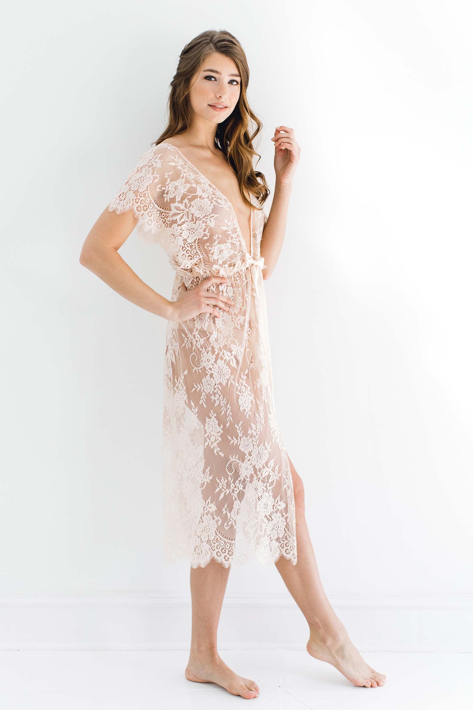 Margot Midi lace kimono robe in Blush pink