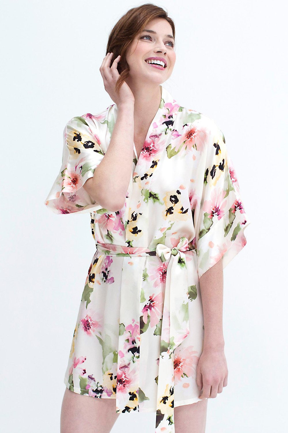 Samantha Silk Kimono Robe in Watercolor Dreams - style 300wp