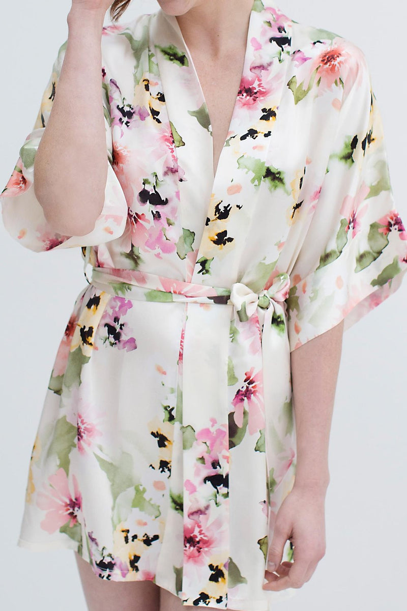 Samantha Silk Kimono Robe in Watercolor Dreams - style 300wp