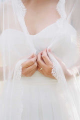 Santorini Silk tulle Scalloped Mantilla French Lace veil in Ivory