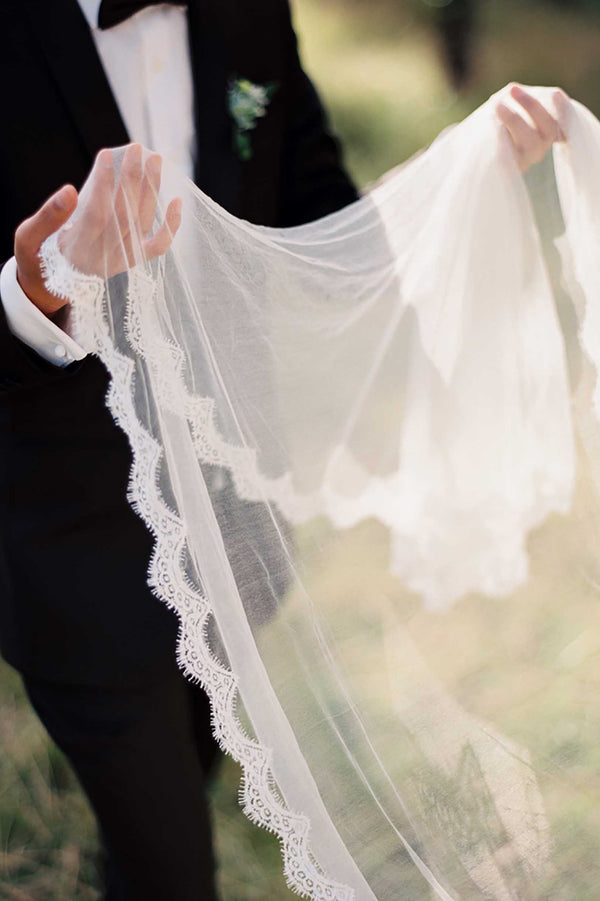 Santorini Silk tulle Scalloped Mantilla French Lace veil in Ivory