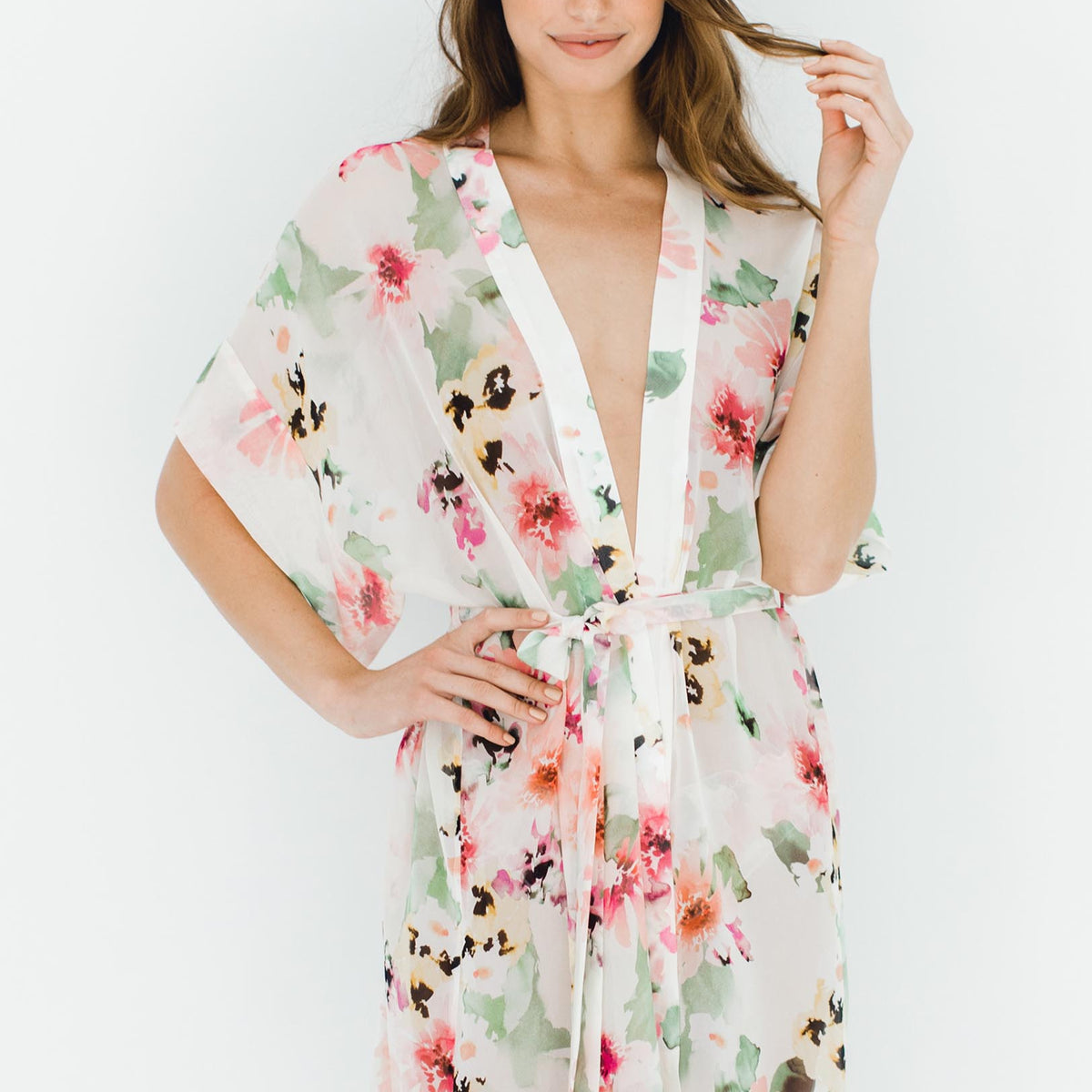 Watercolor Dreams Floral print Silk Chiffon Kimono Robe