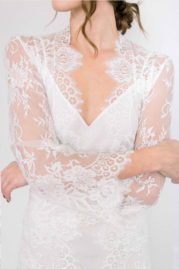 Swan Queen long bridal lace robe gown with scalloped train in Ivory