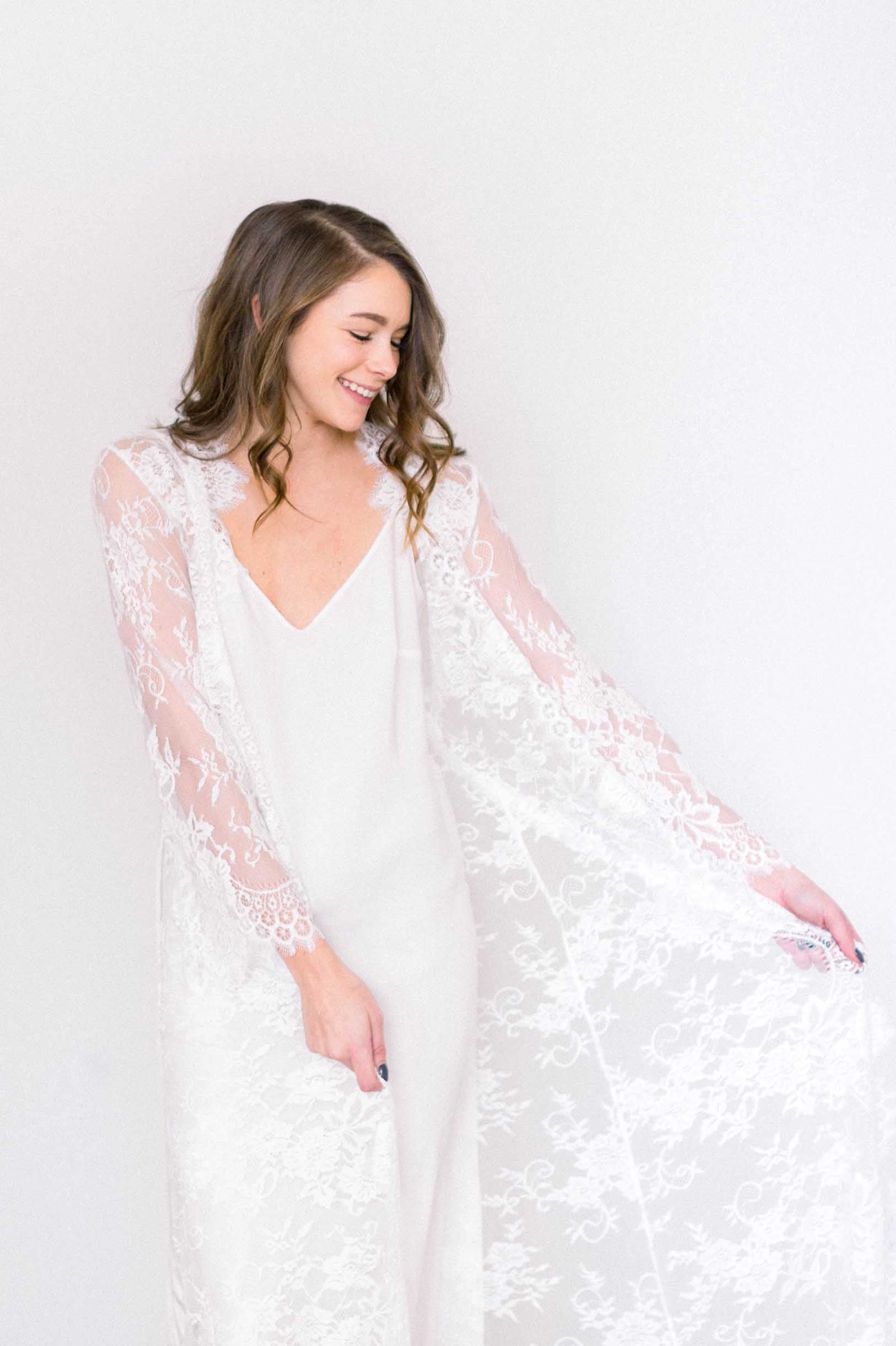 Swan Queen long bridal lace robe gown with scalloped train in Ivory