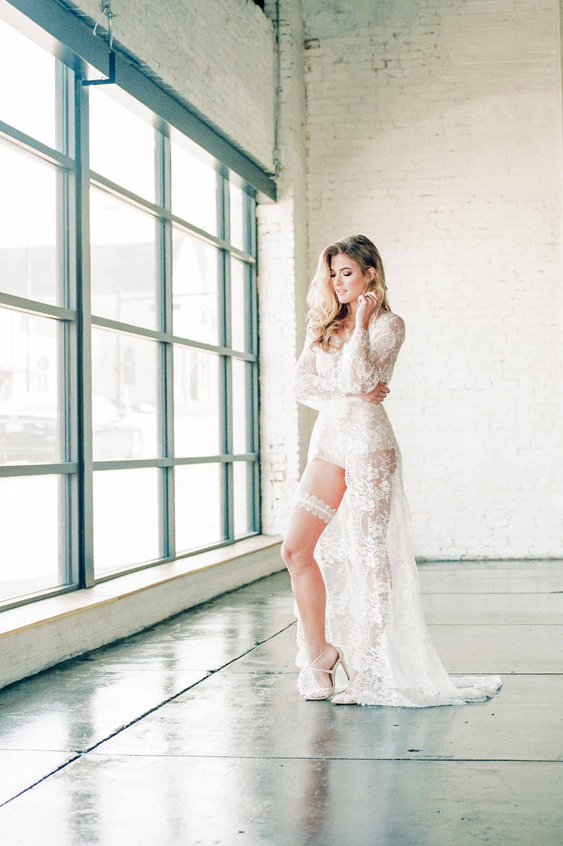 Swan Queen long bridal lace robe gown with scalloped train in Ivory