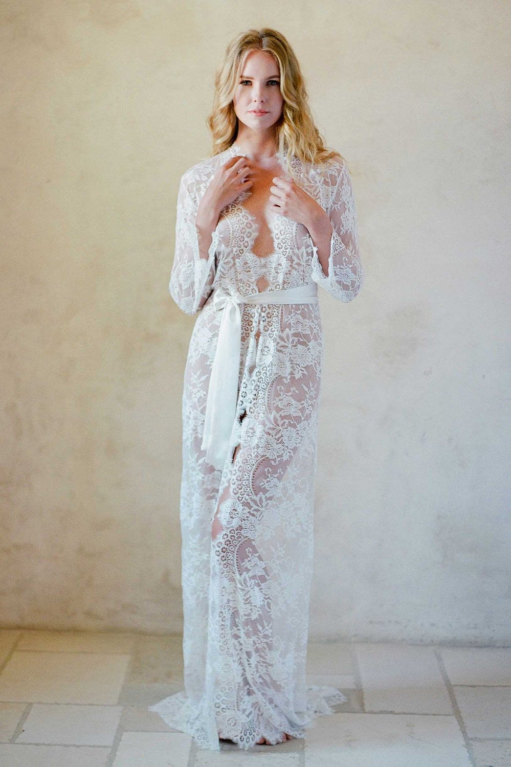 SWAN QUEEN LONG LACE ROBE GOWN WITH TRAIN IN IVORY