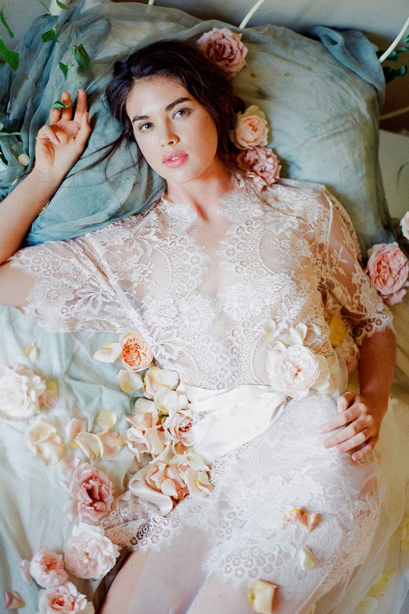 Swan Queen Bridal lace robe in Blush pink