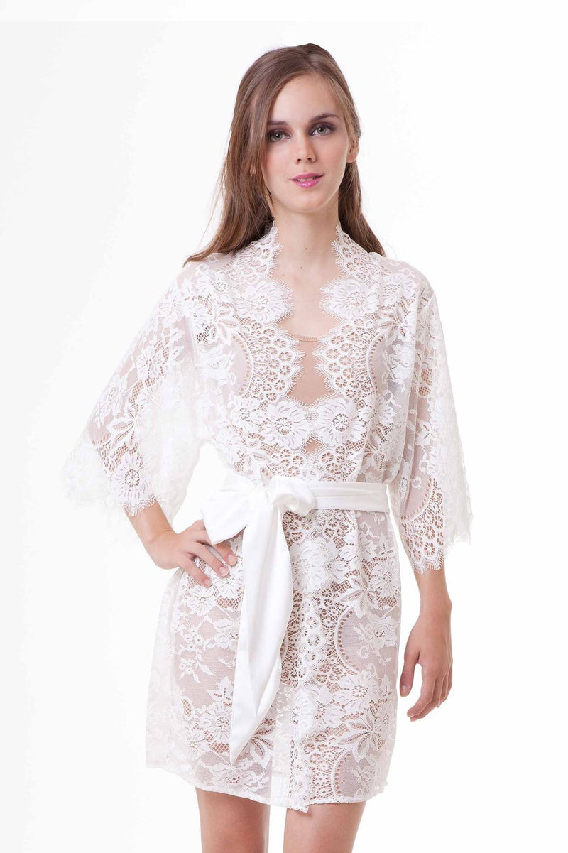 Swan Queen lace kimono bridal robe in Ivory or Blush - Style 102