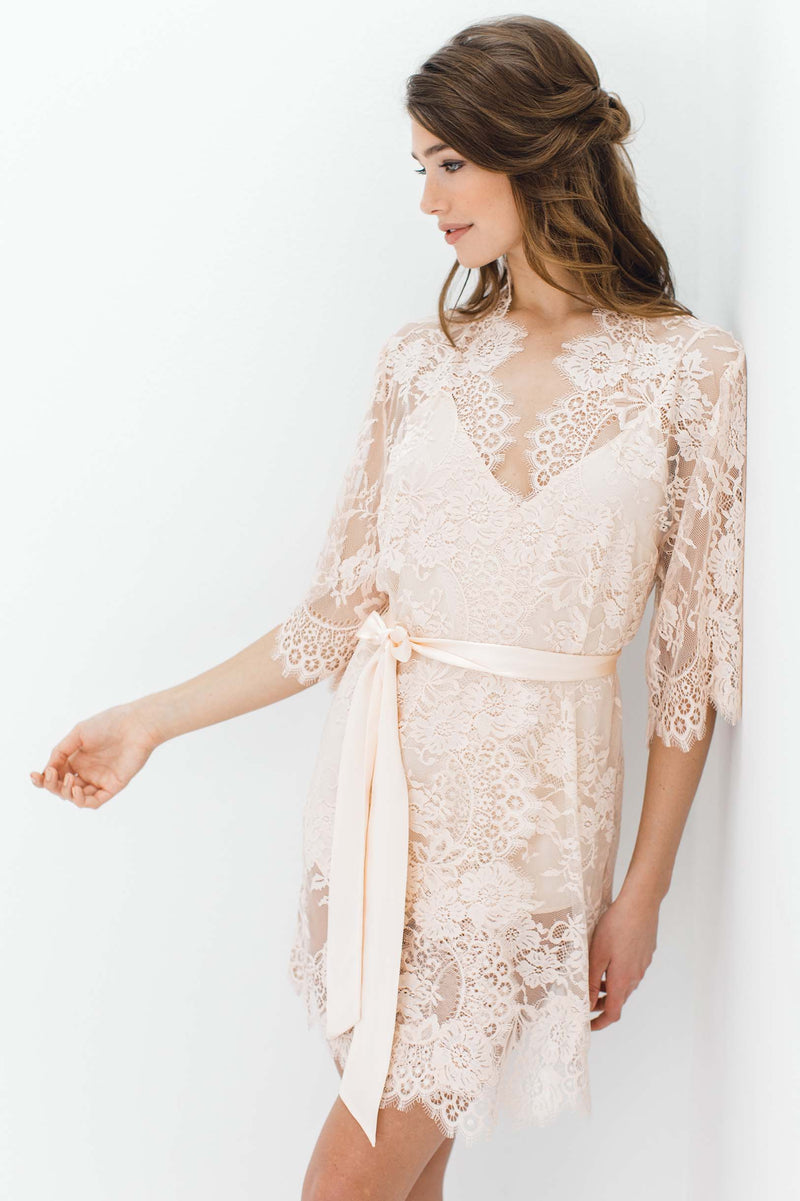 Swan Queen Bridal lace robe in Blush pink