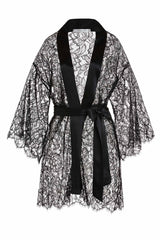 Tulip French Lace & Silk Bridal Kimono Robe in Black