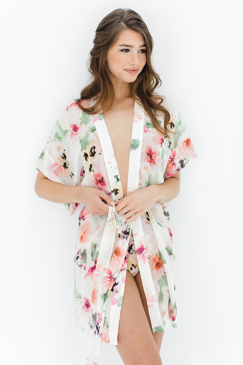 Watercolor Dreams Floral print Silk Chiffon Kimono Robe