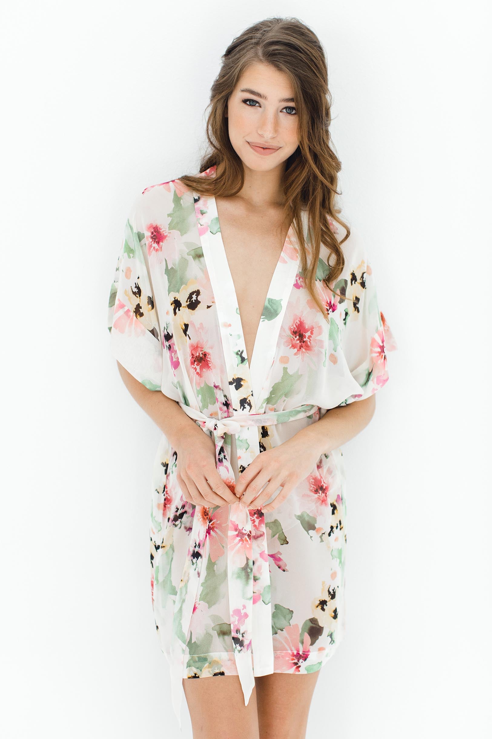 Watercolor Dreams Floral print Silk Chiffon Kimono Robe ...