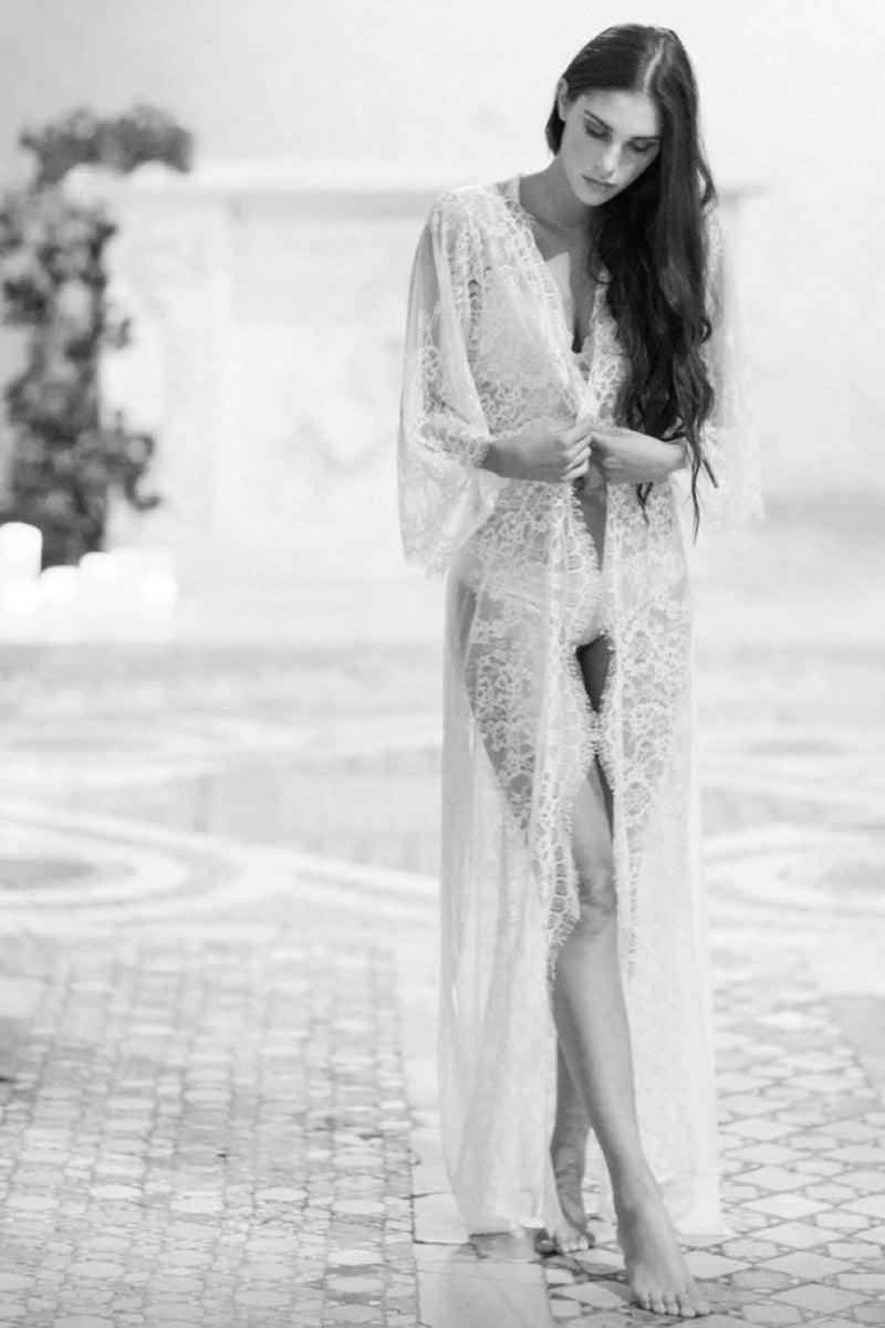 Emma long robe Dressing Gown Kimono in Ivory glitter lace