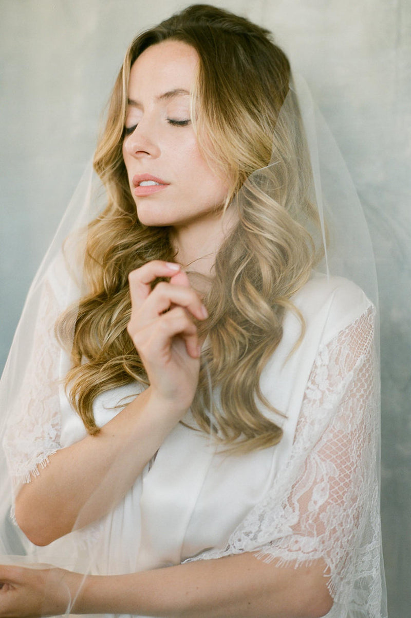 Grace winged Silk & Lace Bridal lace robe with butterfly sleeves in Ivory