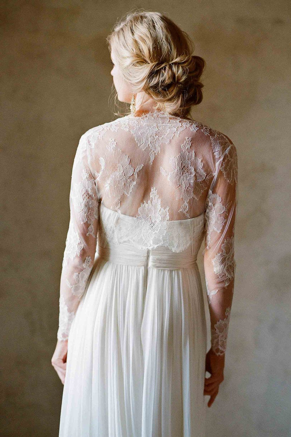 wedding dress lace bolero jacket White/Ivory Bridal The removable bolero jacket is styled with a gathered sheer high neckline and long illusion sleeves Roseline bridal French lace sheer