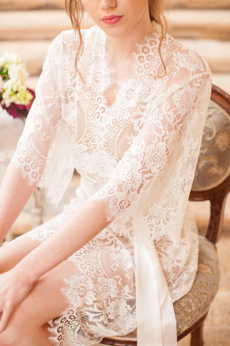 SWAN QUEEN LACE KIMONO BRIDAL ROBE IN IVORY - STYLE 102SH