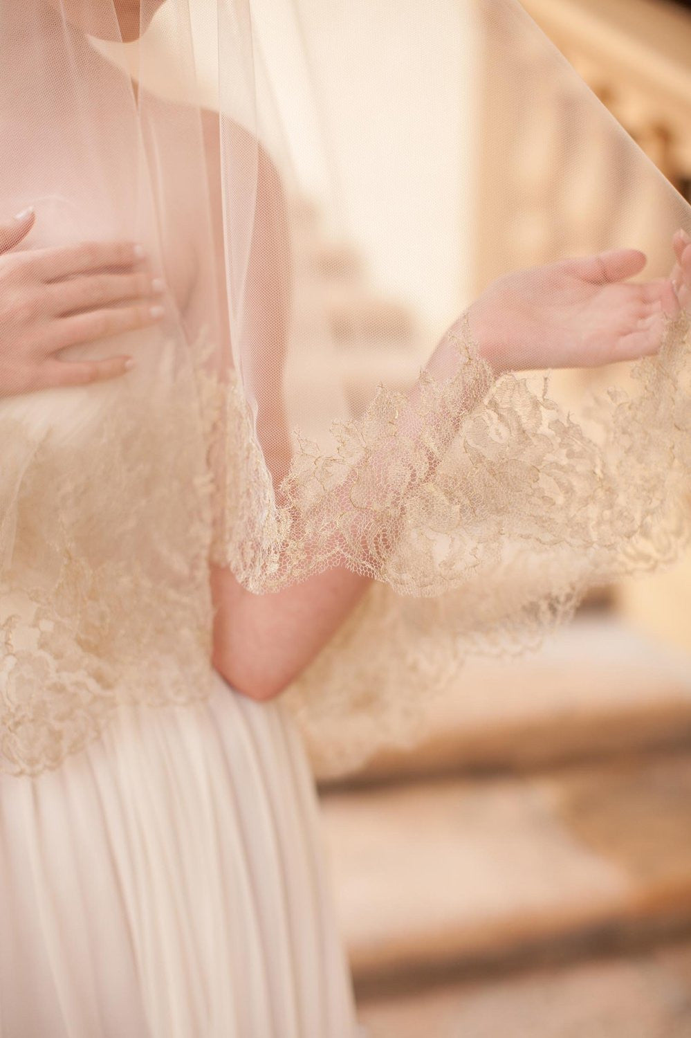 Gilded French Lace drop veil in Ivory Gold