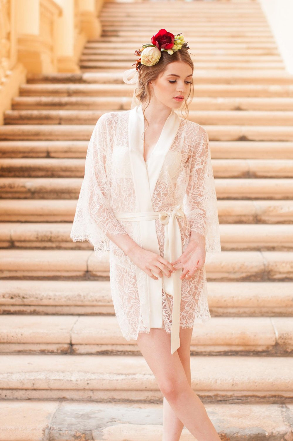 TULIP FRENCH LACE & SILK BRIDAL KIMONO ROBE IN IVORY - STYLE 200