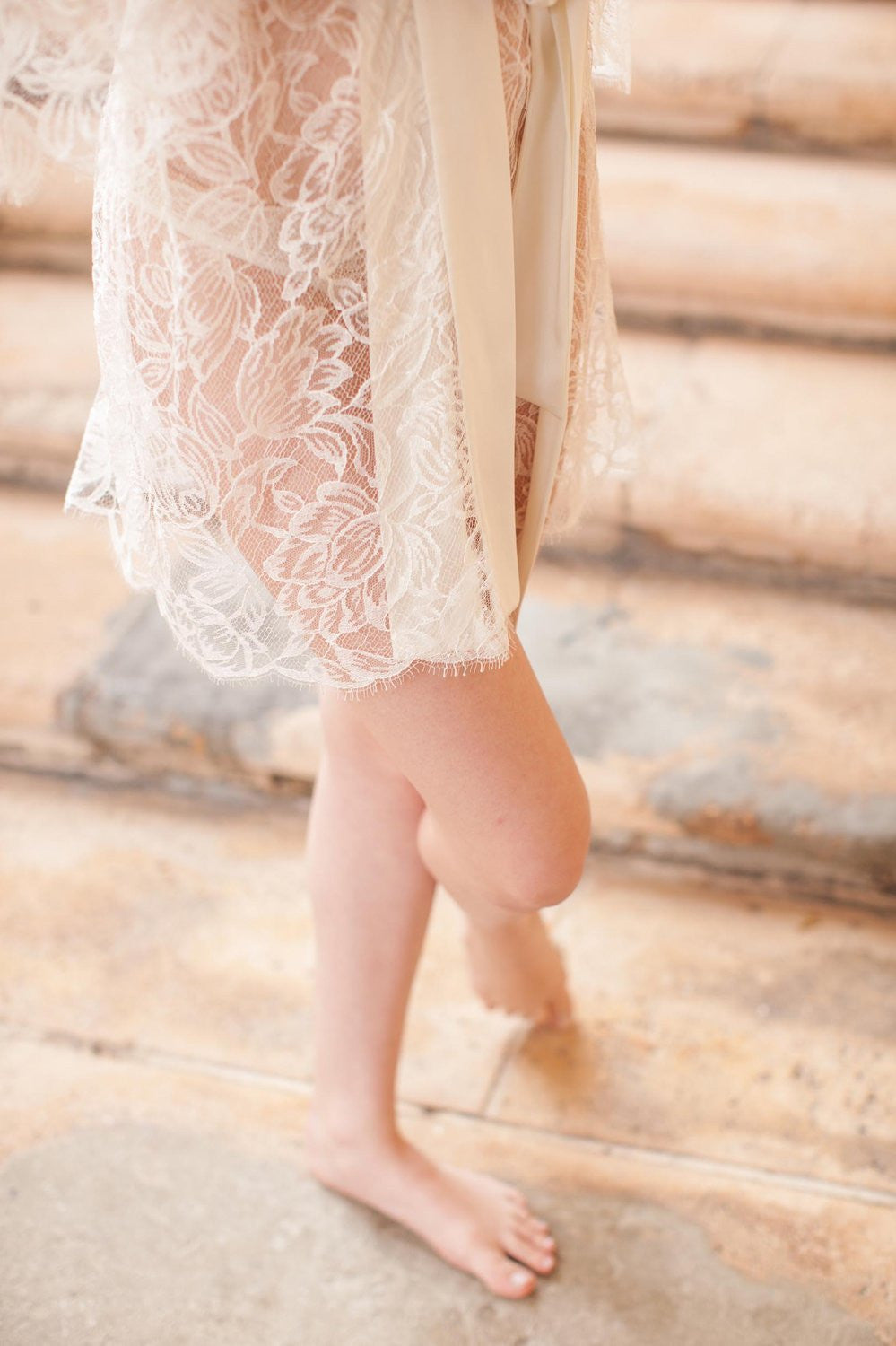 TULIP FRENCH LACE & SILK BRIDAL KIMONO ROBE IN IVORY - STYLE 200