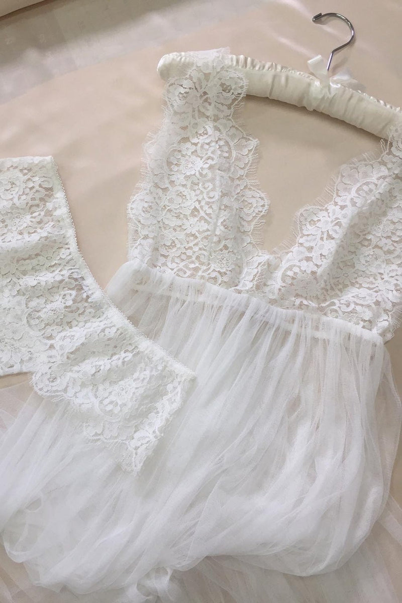 Jen French lace and silk tulle gown in ivory