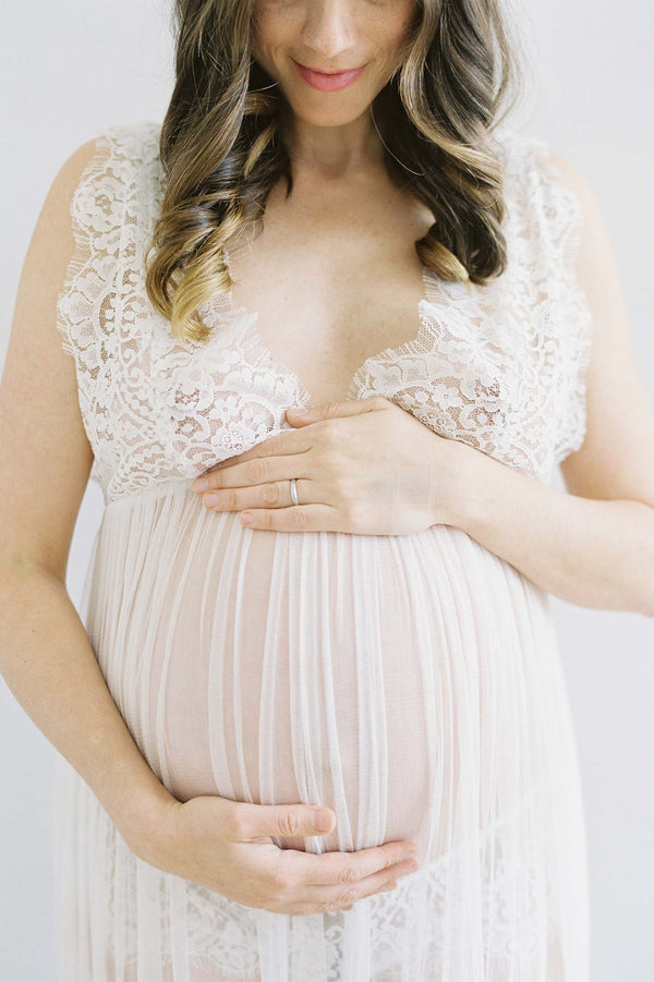 Jen French lace and silk tulle gown in ivory