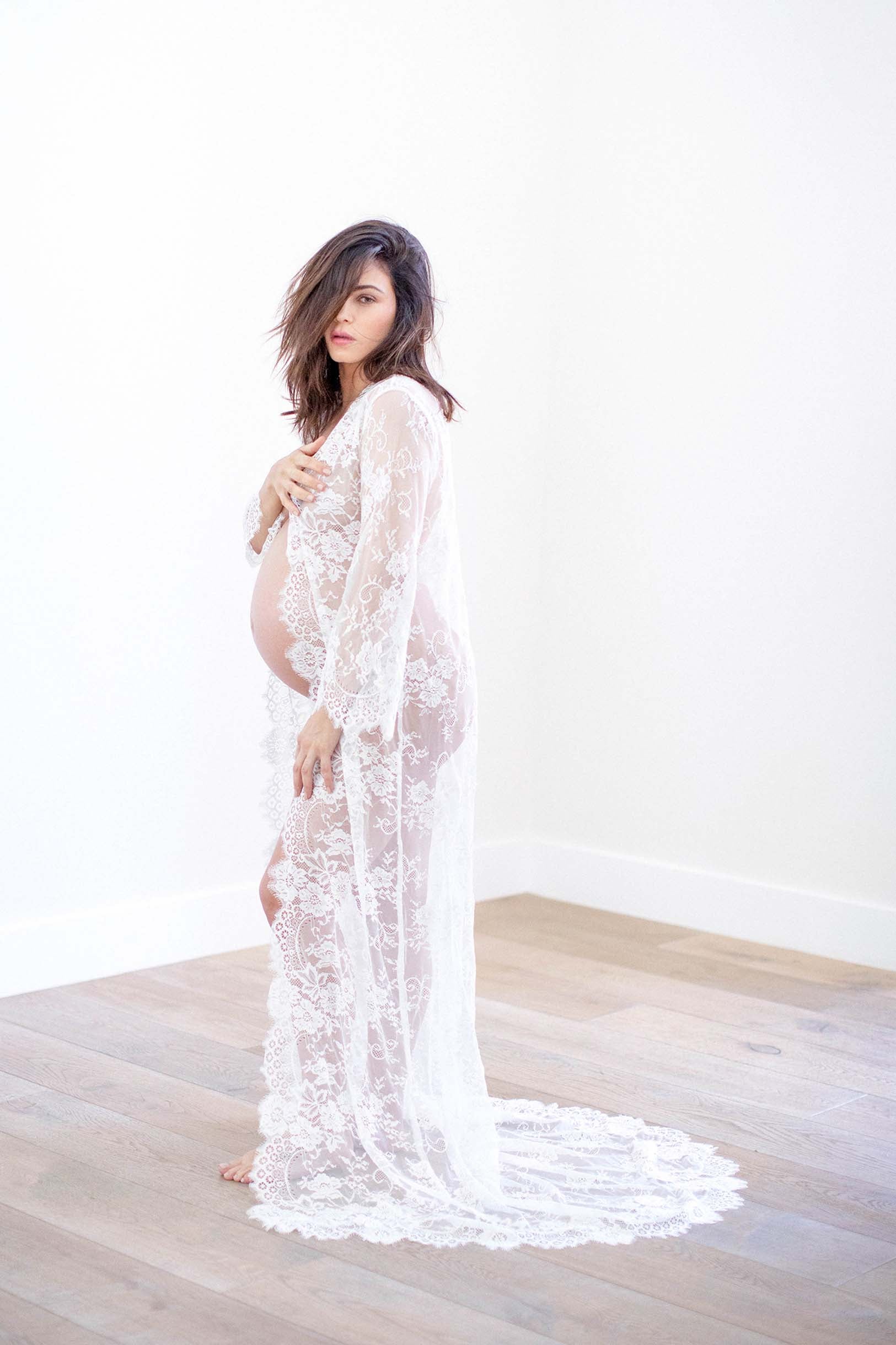 Swan Queen long bridal lace robe gown with scalloped train in Ivory