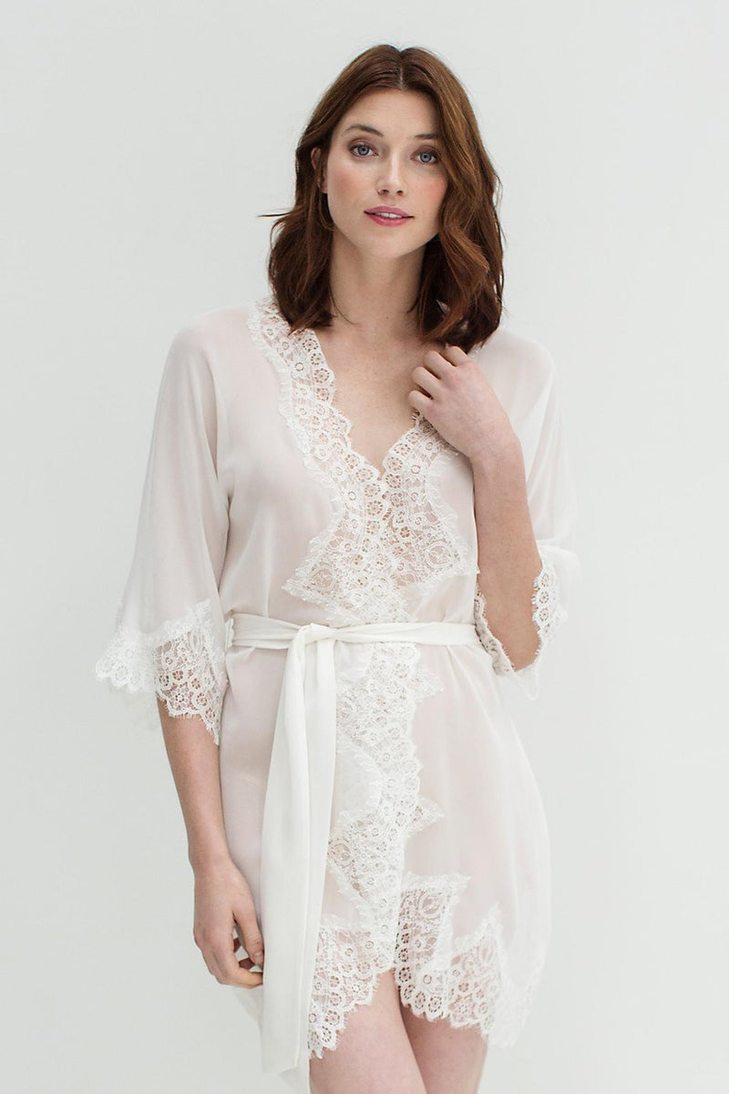 LACY SILK CHIFFON AND LACE KIMONO ROBE IN IVORY