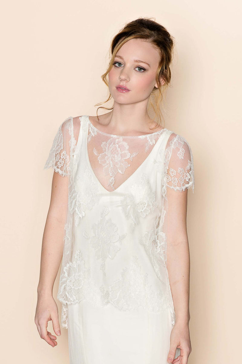 Roseline French lace cape blouse tee top in Ivory