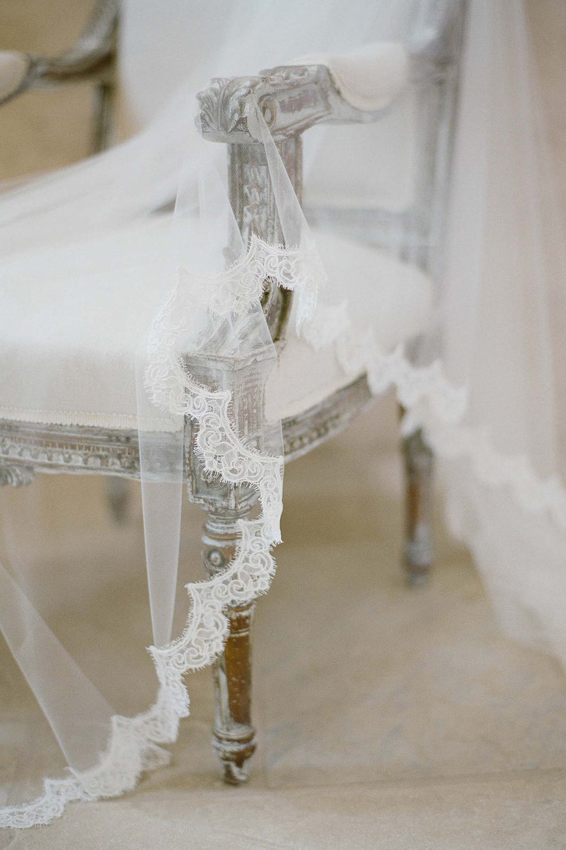 Traditional mantilla scallop veil with sheer Alencon lace Royal Bride shot by Jose Villa 