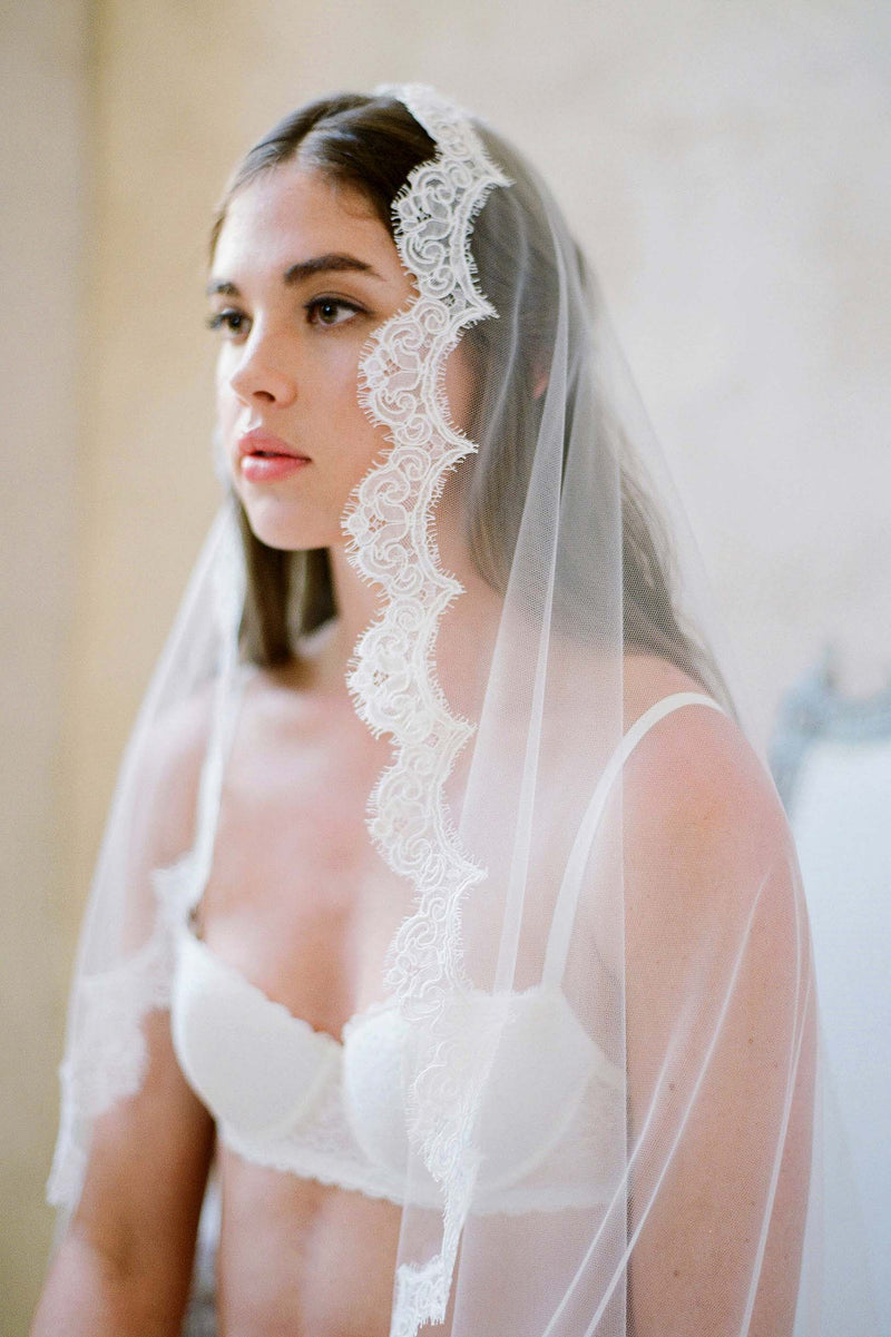 Sophie French lace scallop mantilla veil Alencon Lace Ivory White with comb wedding bridal cathedral royal