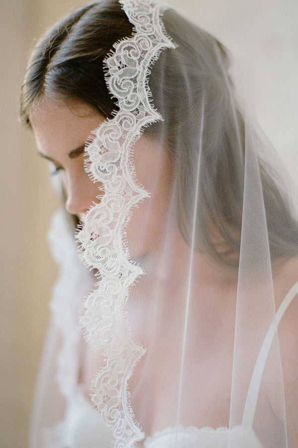Sophie French lace scallop mantilla veil Alencon Lace Ivory White with comb wedding bridal Jose Villa
