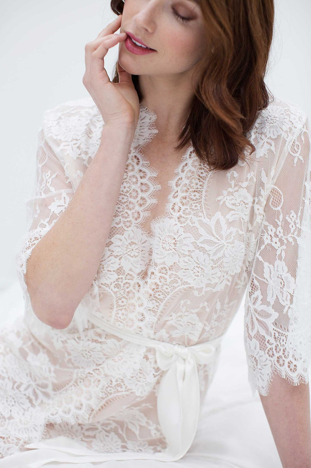 SWAN QUEEN SILK AND LACE ROBE KIMONO IVORY BLUSH - STYLE 104SH BLUSH