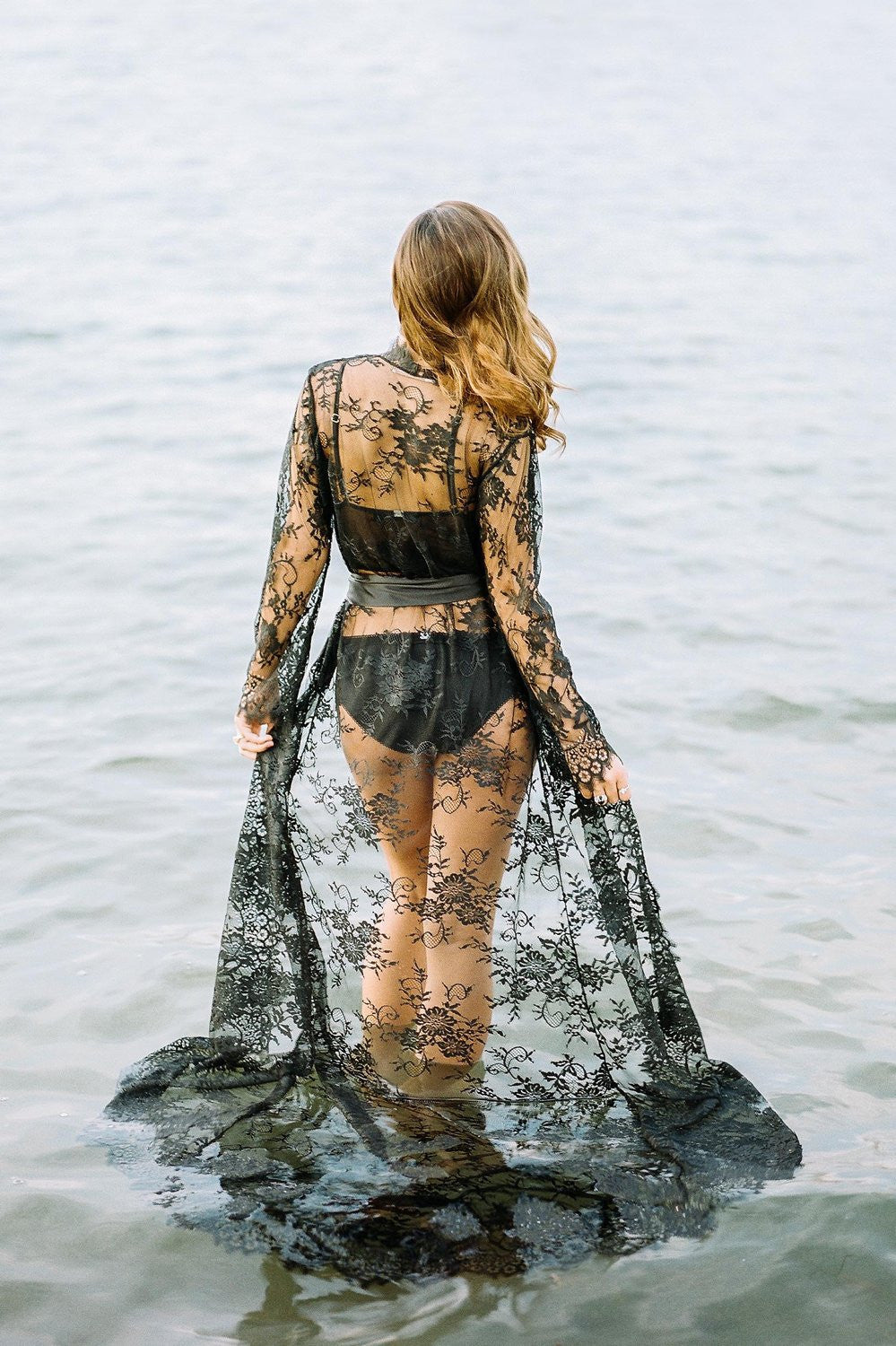 Long black lace robe outlet