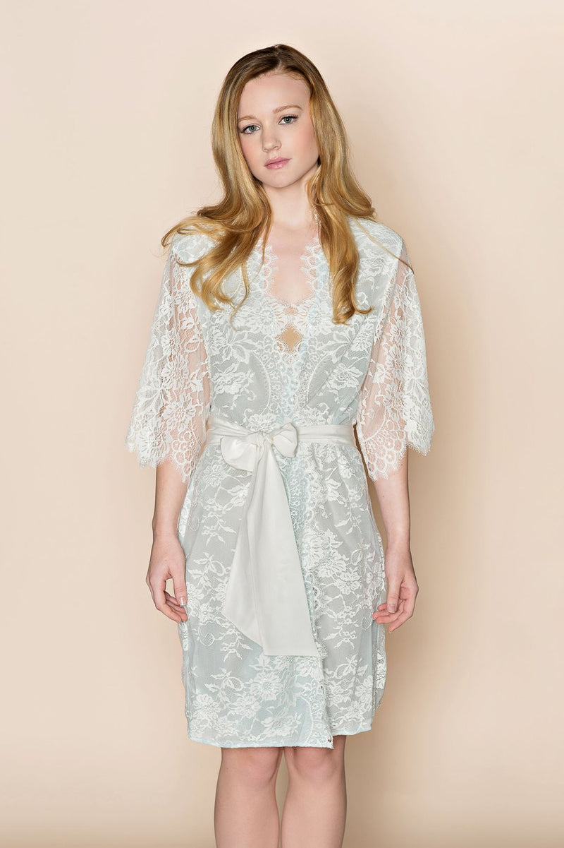 SWAN QUEEN LACE & SILK BRIDAL ROBE KIMONO IN POWDER BLUE - STYLE 104 BLUE