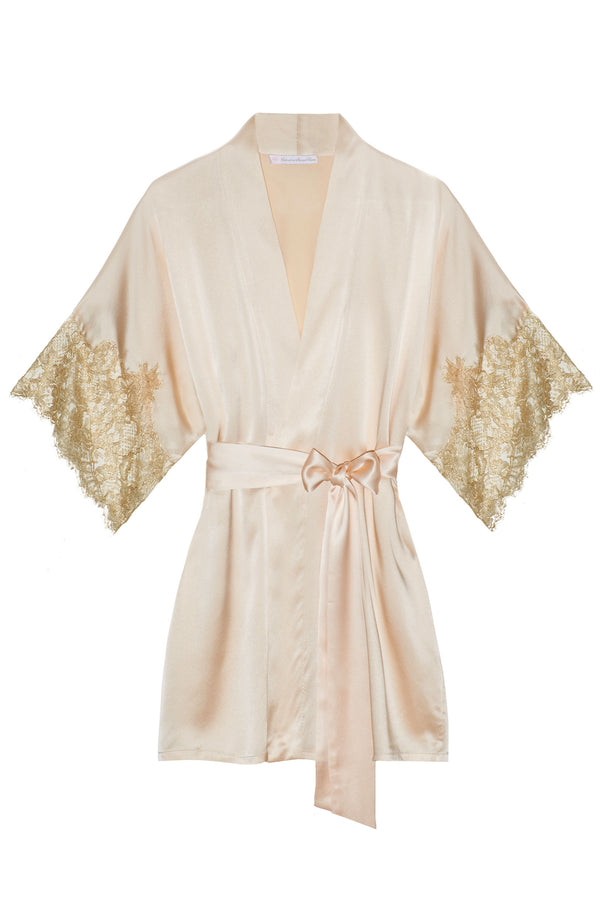 Tara Gilded Silk Kimono robe in Blush pink + gold lace