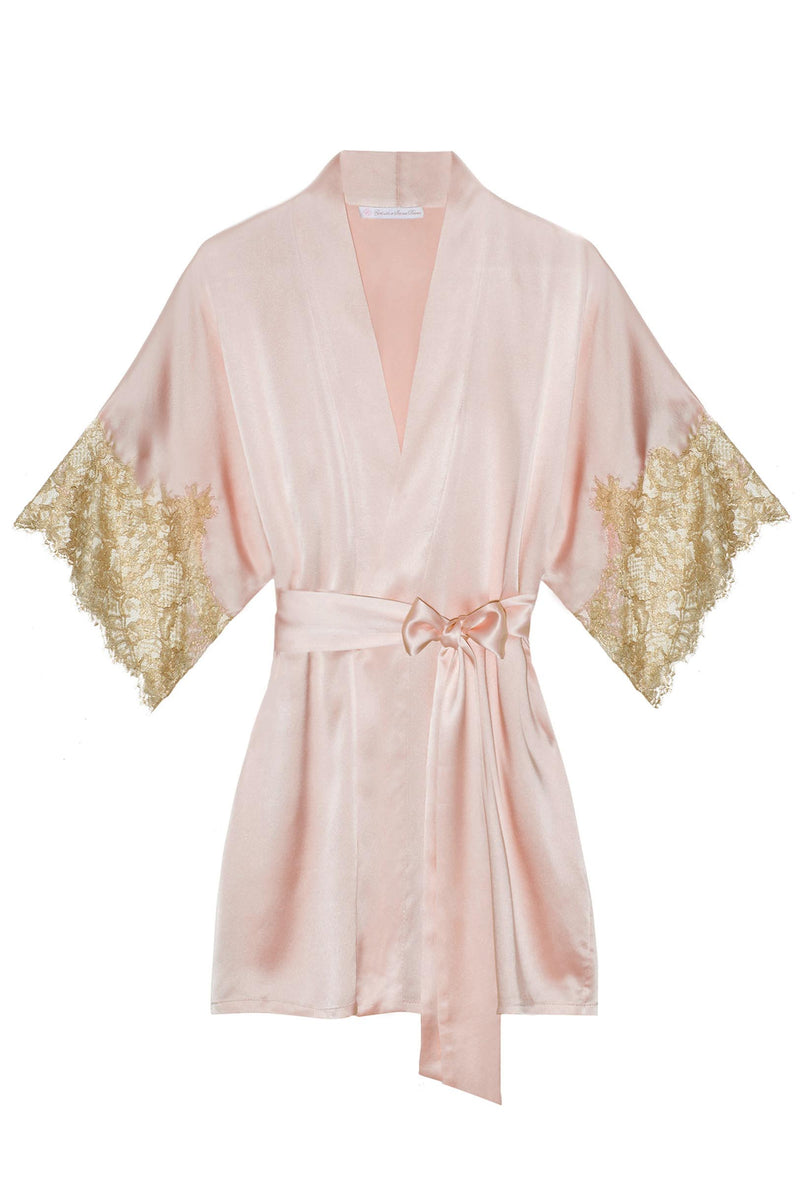 Tara Gilded Silk Kimono robe in Blush pink + gold lace