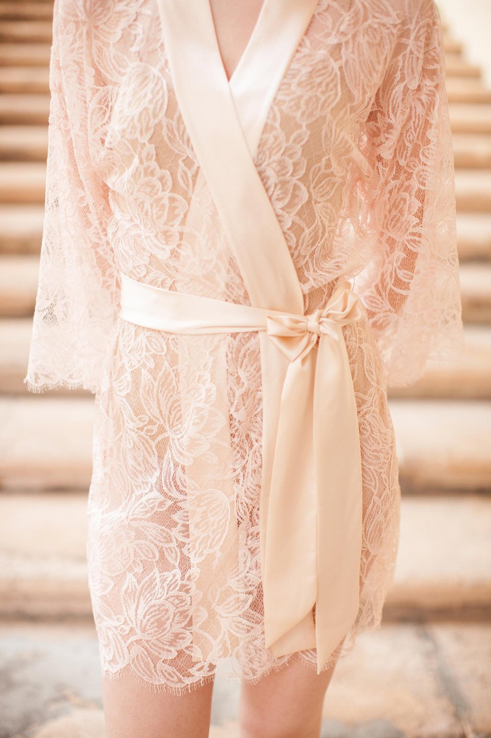 TULIP FRENCH LACE & SILK BRIDAL KIMONO ROBE IN BLUSH PINK - STYLE 200